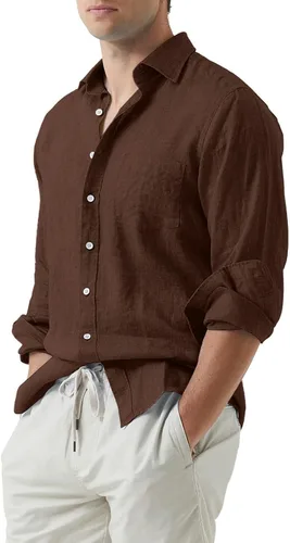 Vista 2 de JMIERR Camisa de vestir de manga larga con botones y lino de algodón para hombre