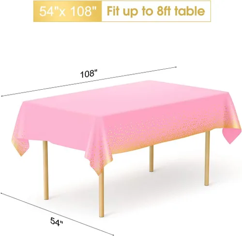 Vista 2 de HOMIX Manteles de plástico rosa y dorado para mesas rectangulares, paquete de 6 manteles desechables de fiesta, fundas de mesa de confeti de punto
