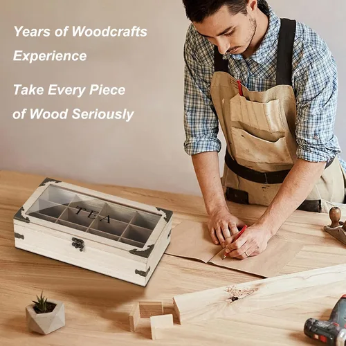 Vista 2 de Caja de té, organizador y almacenamiento de té de madera, 12 SMOKY