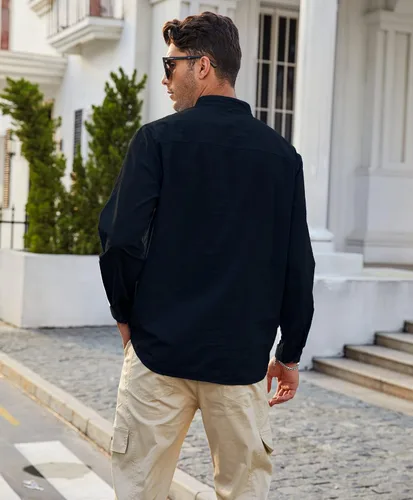 Vista 6 de Uiriuy Camisas Guayabera de lino con botones y manga larga para hombre