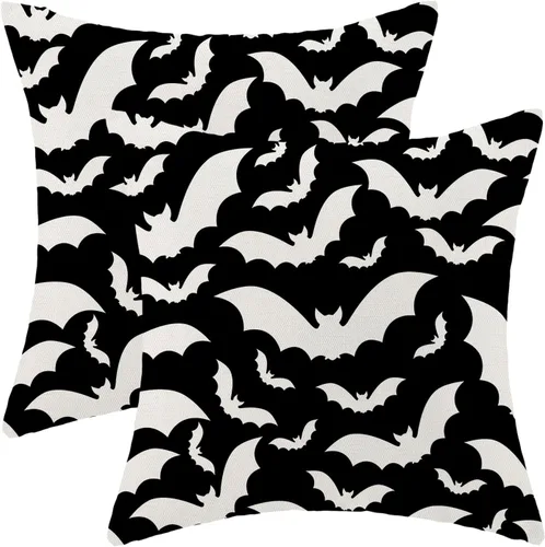 Vista 56 de Juego de 2 fundas de almohada de Halloween de 16 x 16 pulgadas, fundas de almohada de murciélagos negros y crema, fundas de cojín decorativas