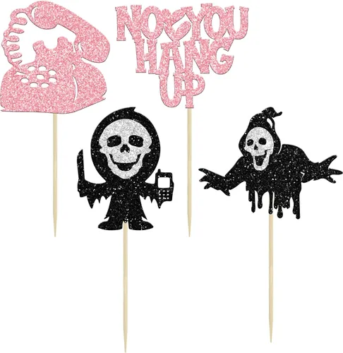 Vista 3 de Gyufise 24 piezas de decoración de cupcakes de película de terror con purpurina para teléfono con purpurina para teléfono sin que cuelgues asesino