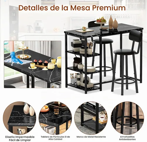 Vista 7 de DKLGG Juego de mesa de comedor para 2, mesa de pub de altura de mostrador con 2 taburetes de bar de PU de respaldo ancho y 3 estantes de Negro