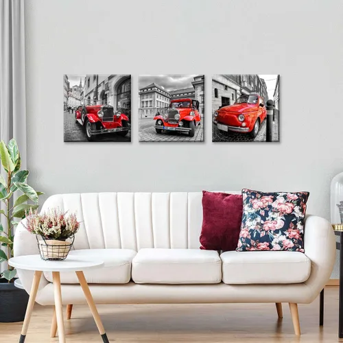 Vista 3 de 3 piezas de lienzo rojo vintage para automóvil clásico con arquitectura histórica, automóvil antiguo en blanco y negro, fotografía callejera, arte