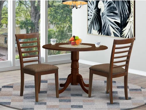 Vista 6 de East West Furniture DLML3-MAH-C - Juego de comedor de 3 piezas que contiene una mesa de comedor redonda con gotas y 2 sillas tapizadas de tela