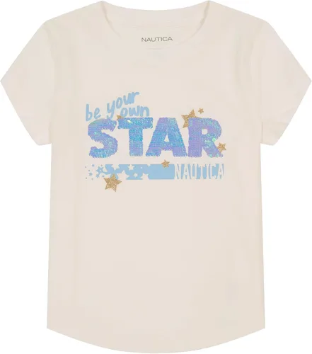 Vista 2 de Nautica Camiseta de manga corta para niña con diseño de lentejuelas abatibles, camiseta de algodón con interior sin etiqueta
