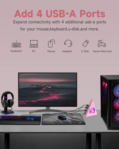 Vista 4 de Hub USB 3.0 alimentado, concentrador de 6 puertos (4 puertos de datos USB 3.0 + 2 puertos de carga inteligente) con adaptador de CA de 48 W, luz Rosa