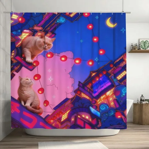 Vista 9 de Neon City - Cortina de ducha de gatos con linternas, poliéster impermeable, decoración Cyberpunk para niños y adultos, se adapta a bañera, ducha