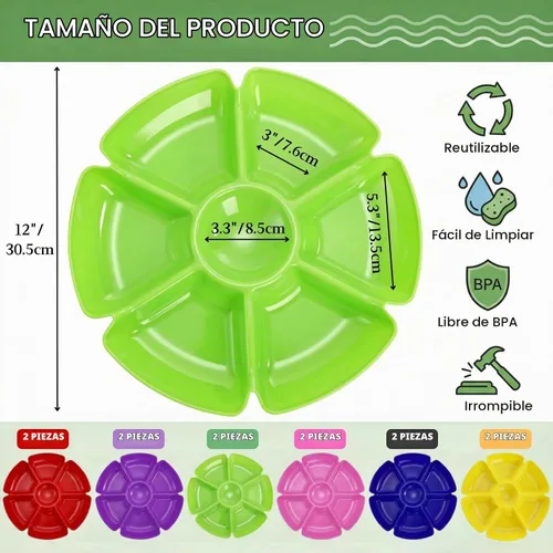 Vista 2 de AVLA 12 bandejas de plástico para servir aperitivos, platos divididos de 12 pulgadas irrompibles con chips y inmersión, platos redondos de 7