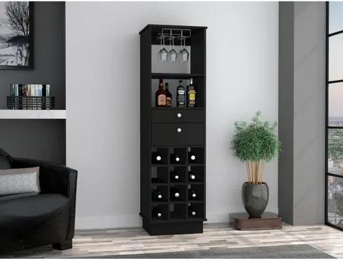 Vista 5 de FM FURNITURE Hype - Armario de bar con 12 cubos de vino, 2 cajones, estante de vidrio y estante, color negro