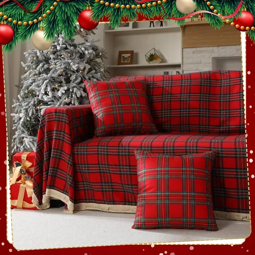 Vista 3 de Oudain Juego de fundas de sofá navideñas con 2 fundas de almohada de 71 x 134 pulgadas, fundas de sofá rojas a cuadros búfalos, funda de sofá de 3