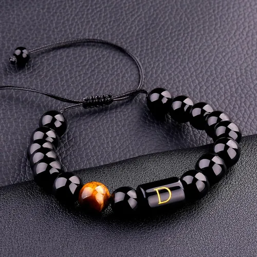 Vista 21 de SUMMER LOVE Regalos para el Día del Padre, pulsera con inicial de piedra de ónix negro de 0.394 pulgadas para hombres, pulsera de cuerda trenzada