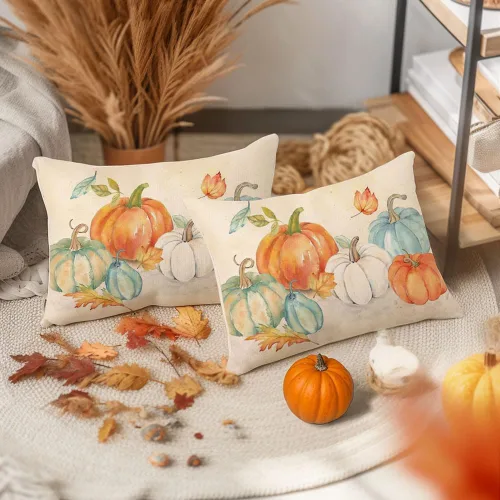 Vista 3 de RABUSOFA Fundas de almohada de otoño de 12 x 20 pulgadas, almohadas decorativas de calabaza naranja, fundas de almohada de otoño para exteriores