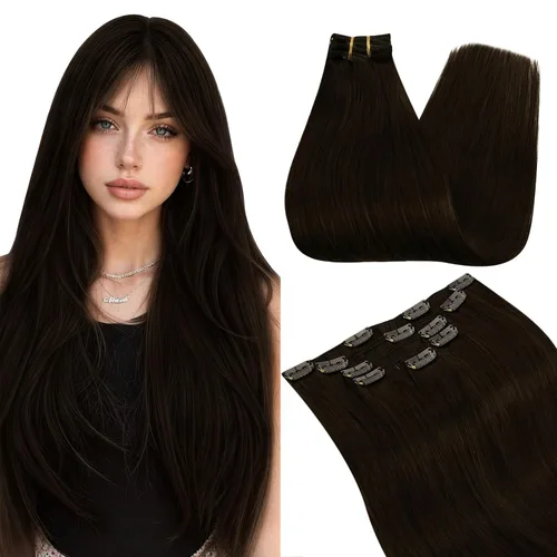 Vista 35 de Ugeat Extensiones de cabello humano con clip de 12 pulgadas, extensiones de cabello balayage con clip, marrón chocolate ombre, extensiones