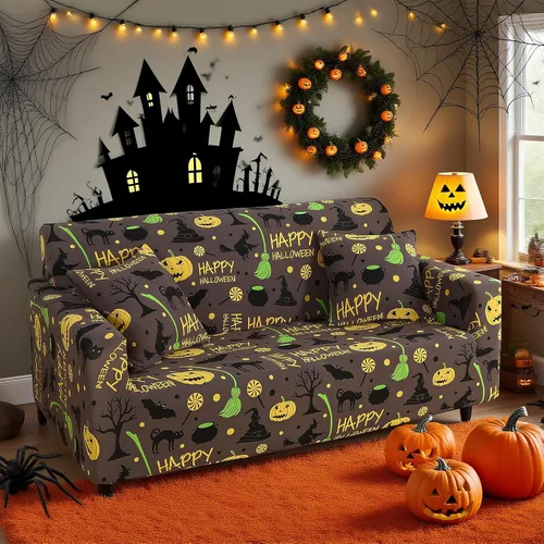 Vista 2 de Mybedsoul Funda para sofá con estampado de Halloween, funda elástica para sillón, funda para sofá de 1 pieza, lavable, protector de muebles