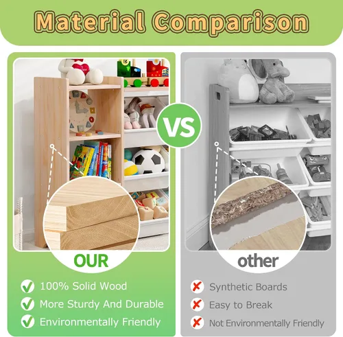 Vista 5 de MallBest Estante organizador de almacenamiento de juguetes para niños de 4 niveles, 100% madera maciza, armario de almacenamiento extra ancho