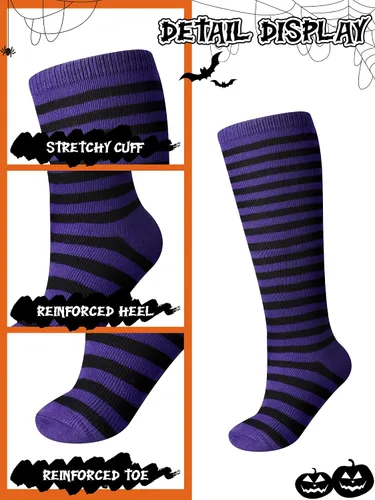 Vista 5 de Foaincore 5 pares de calcetines de Halloween para bebé, calcetines largos a rayas de bruja para recién nacidos, calcetines de algodón sin costuras