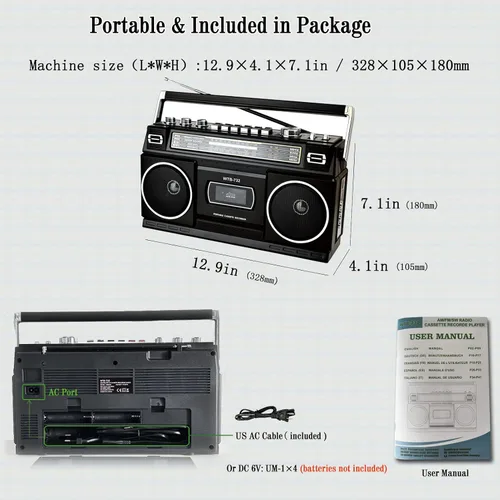 Vista 8 de Boombox portátil estilo retro clásico de los años 80 con reproductor grabador de casete, radio AM/FM/SW1/SW2, Bluetooth, ranuras USB/Micro SD