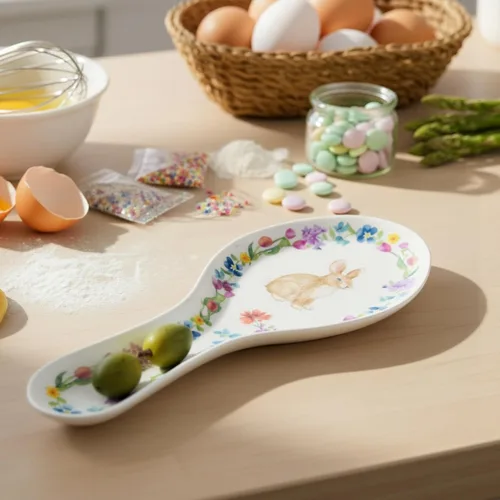 Vista 3 de UP ware - Soporte para cuchara de melamina con diseño floral de conejito para estufa, encimera de cocina y mesa de comedor, 9.625 pulgadas Floral