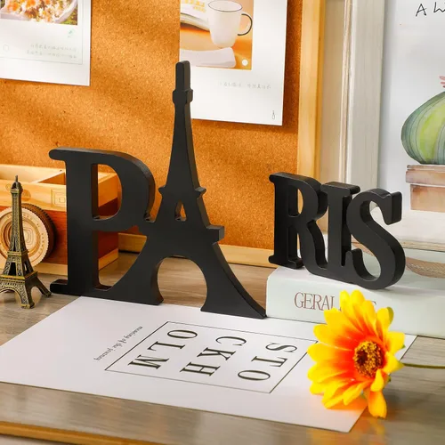 Vista 3 de Blulu Decoración de mesa de madera de la torre Eiffel, decoración de París para dormitorio, letras de letrero de la torre Eiffel para el hogar, sala