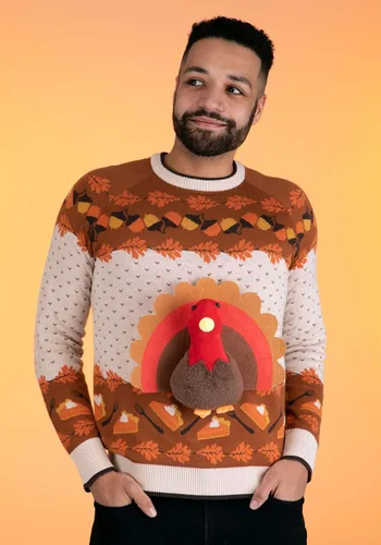 Vista 2 de 3D Turkey Ugly Holiday Sweater for Adults, Thanksgiving Funny Bird Sweater
