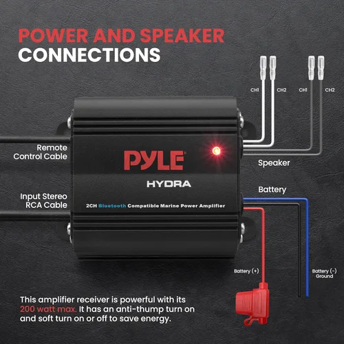 Vista 4 de Pyle Amplificador marino automático de 2 canales, 200 vatios RMS 4 OHM estéreo de rango completo con Bluetooth inalámbrico y potente altavoz Prime
