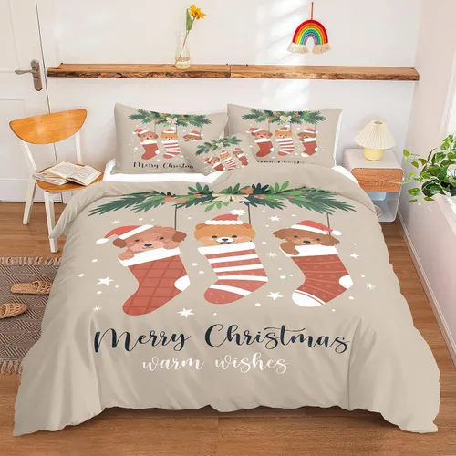 Vista 20 de Juego de ropa de cama de Navidad con funda de edredón de copos de nieve, color blanco y rojo, con estampado navideño, juego de ropa de cama festiva