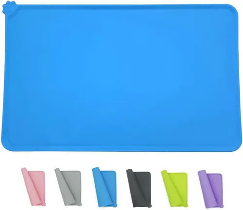 Vista 7 de Tapete de silicona para alimentación de mascotas, impermeable, para perros y gatos, bordes elevados para evitar derrames, bandeja individual Negro