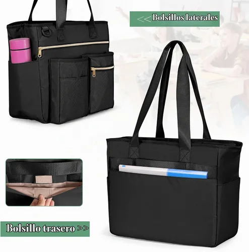 Vista 6 de Fasrom Bolsa de mano para profesores para mujer, bolsas grandes para Negro