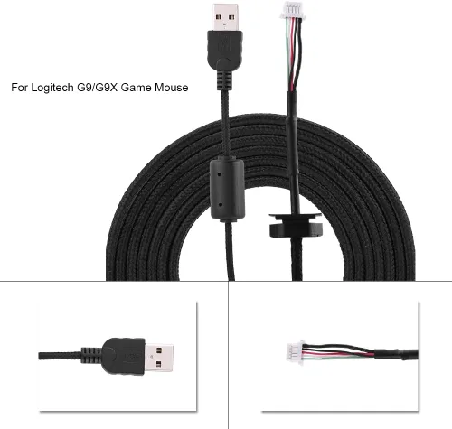 Vista 3 de Cable USB para ratón, línea de extensión de ratón USB de 6.6 ft, accesorio de reparación de cable de repuesto para mouse Logitech G9G9X, color negro