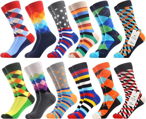 Vista 12 de WeciBor - 12 pares de calcetines de algodón peinado para hombre con diseños divertidos y locos, tamaño 7-10/10-13/13-15 Negro/Azul/Verde/Multicolor