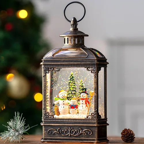 Vista 15 de Globo de nieve de Navidad con agua brillante de muñeco de nieve con música y temporizador, linterna iluminada con pilas para regalos de decoración