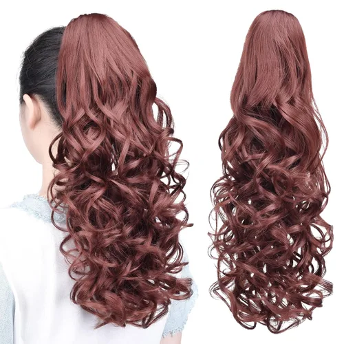Vista 18 de Extensiones de cola de caballo, extensiones de cabello de cola de caballo con clip de garra marrón oscuro para mujer, pieza de cabello rizado