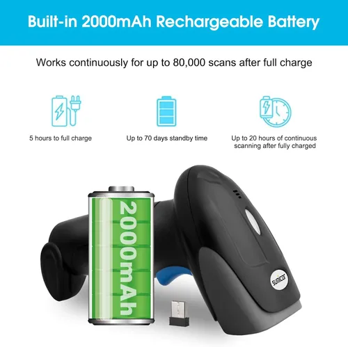 Vista 6 de Sumicor Escáner de código de barras inalámbrico Bluetooth con soporte, escaneo automático de manos libres y disparador manual, pistola de escáner