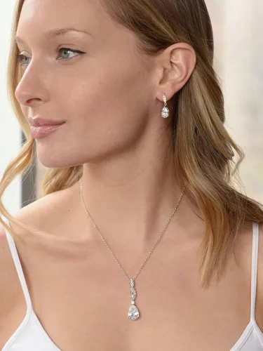 Vista 3 de Mariell Juego de aretes de collar de boda nupcial, colgante de circonita cúbica dorada y aretes colgantes para novias, damas de honor, Metal Gema