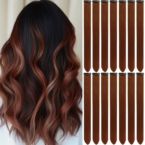 Vista 23 de 20 extensiones de cabello de colores, coloridas extensiones de cabello sintético con clip, extensiones de cabello sintético largo y lacio