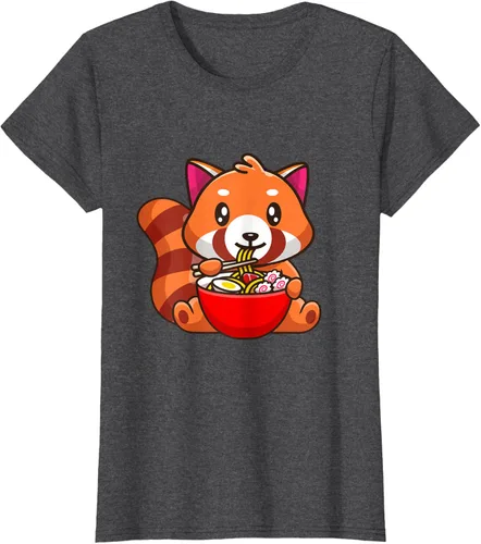 Vista 5 de Camiseta Kawaii Anime Red Panda Eating Ramen Noodles, Negro, S