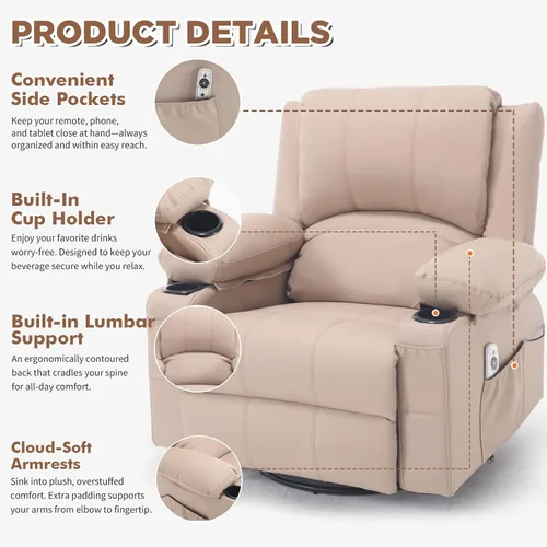Vista 5 de Mecedora reclinable giratoria de piel sintética con portavasos para calor y masaje, silla mecedora con relleno, silla reclinable con calefacción