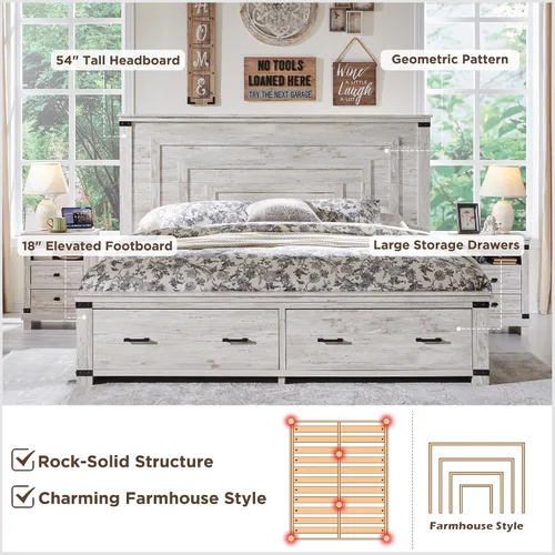 Vista 3 de RedLemon - Marco de cama de estilo granja Queen con cabecera geométrica de 137 cm de altura, cama de plataforma de madera rústica con 2 cajones