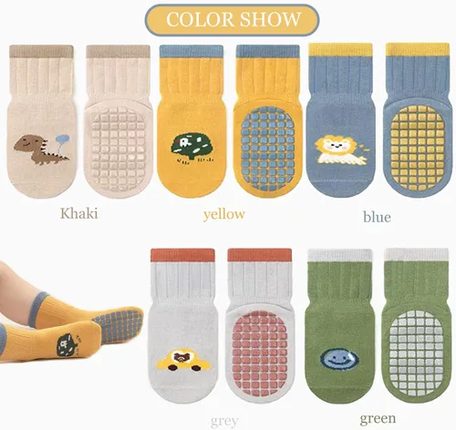 Vista 2 de BRATAA Toddlers No Slip Socks 5 Pairs-Cartoon Baby Little Boys Girls Socks with Grips Crew Length Slipper Socks