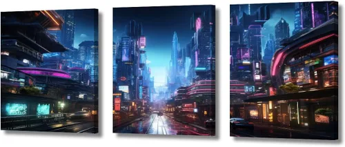Vista 93 de Lienzo decorativo para pared de sala de estar, lienzo Cyberpunk, decoración de pared de 3 paneles, decoración de pared para el hogar, dormitorio