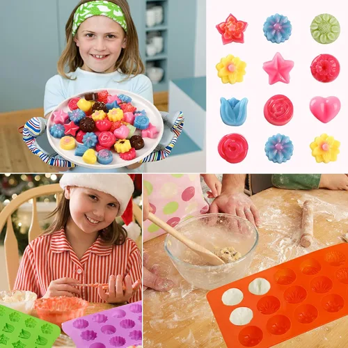 Vista 3 de FIRETREESILVERFLOWER Juego de moldes de chocolate con forma de flor, corazón, estrellas, rosa, flores en combinación, molde de silicona para hornear