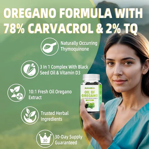 Vista 5 de Gomitas de aceite de orégano, aceite de orégano 3 en 1 con aceite de semilla negra, aceite orgánico de orégano masticables suplementos con vitamina