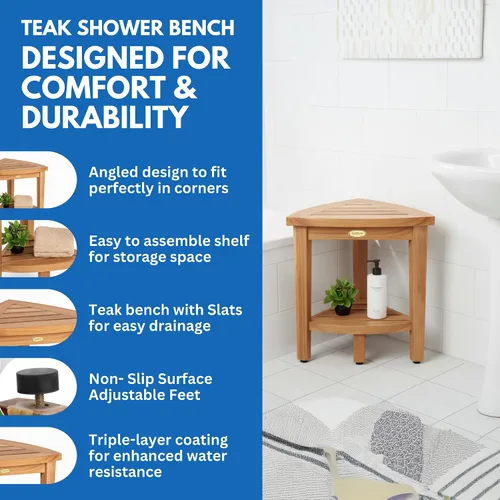 Vista 2 de EcoDecors Snazzy Corner Banco Taburete Asiento Silla de Ducha Impermeable de Madera de Teca Para Ducha Interior Proporciona Seguridad