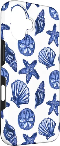 Vista 3 de Funda azul para iPhone 16, diseño de conchas marinas náuticas para nieta costera