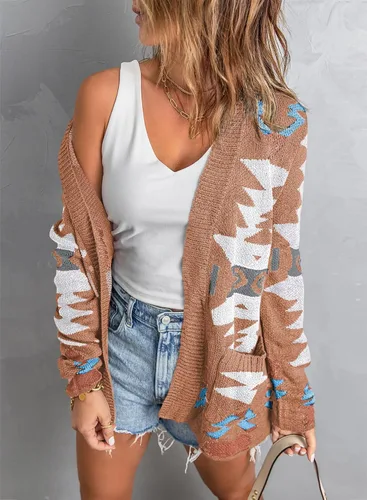 Vista 2 de Sidefeel Women Open Front Aztec Cardigan Pockets Long Sleeve Knit Sweater Coat