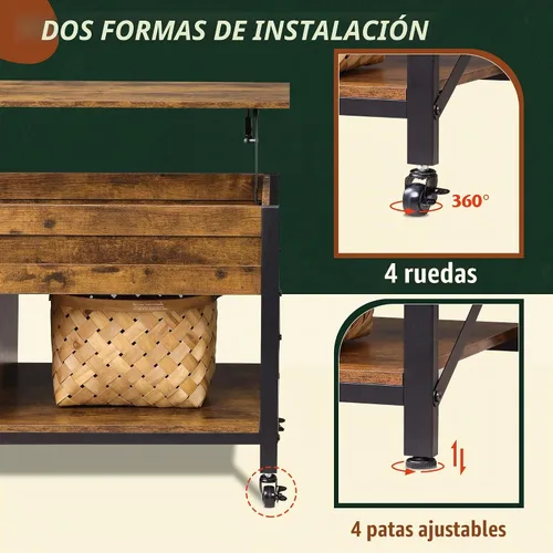 Vista 4 de WLIVE Mesa de Centro, Mesa de Centro Elevable de 41.3" con 4 Ruedas, Compartimento Oculto, Estante de Almacenamiento y Superficie Elevable para Sala