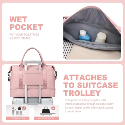 Vista 7 de Bolsas de fin de semana para mujer, bolsas de viaje con compartimento para zapatos, Rosado, Bolsa de viaje+neceser