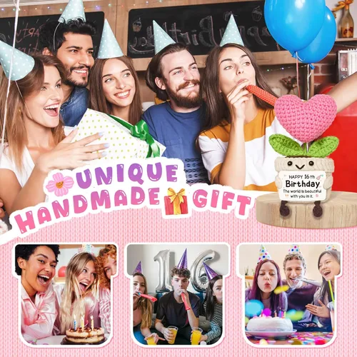 Vista 6 de Regalos de cumpleaños número 16 para niñas, flor de corazón rosa de ganchillo hecha a mano, regalos de dulces 16 para niñas, decoraciones
