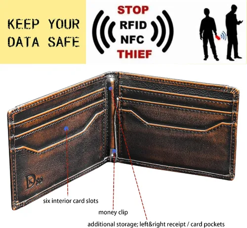 Vista 2 de DK86 Mens Deer Slim Wallet with Money Clip Minimalist Bifold Front Pocket wallet for Men RFID Blocking Full Grain Leather with Hand Burnished